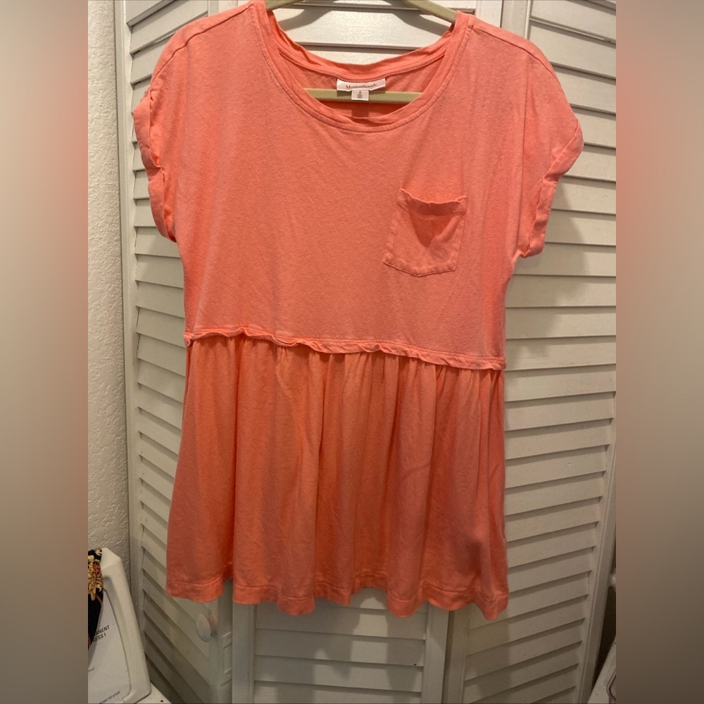 Motherhood Maternity “Empire Tunic Cap Sleeves Top” Size Medium Coral Linen EUC